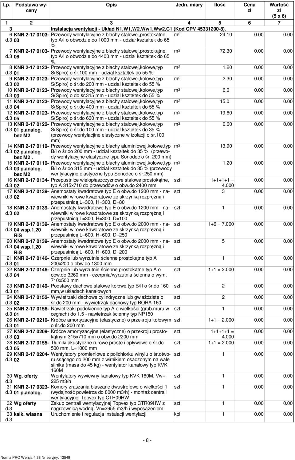 0123- Przewody wentylacyjne z blachy stalowej,kolowe,typ 01 S(Spiro) o śr.100 - udzial kształtek do 55 % 9 KNR 2-17 0123- Przewody wentylacyjne z blachy stalowej,kolowe,typ 02 S(Spiro) o śr.