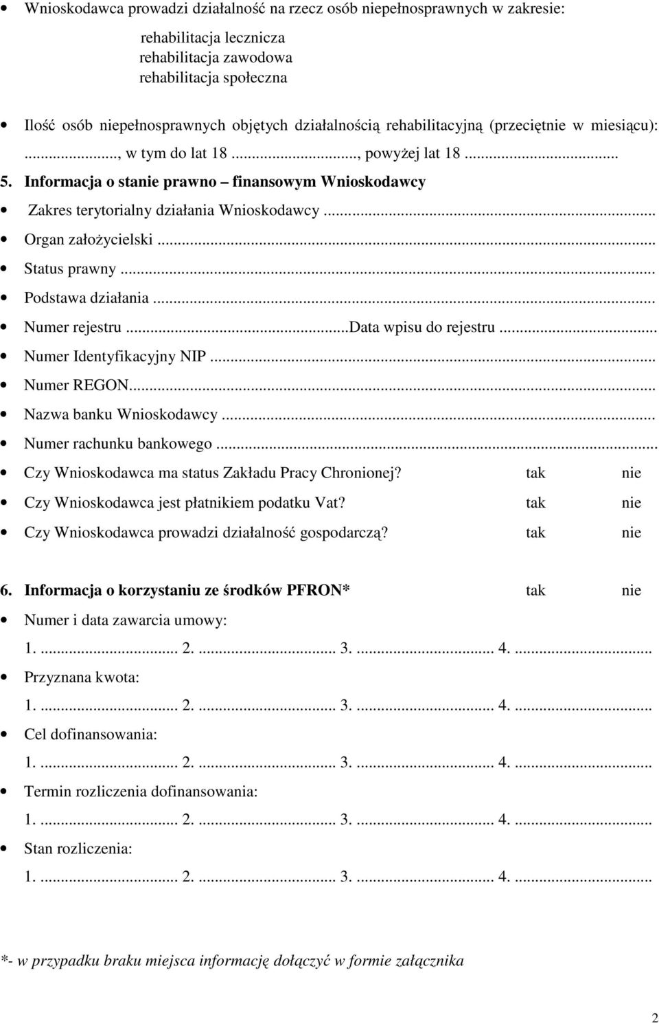 .. Organ założycielski... Status prawny... Podstawa działania... Numer rejestru...data wpisu do rejestru... Numer Identyfikacyjny NIP... Numer REGON... Nazwa banku Wnioskodawcy.