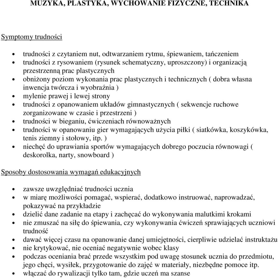 gimnastycznych ( sekwencje ruchowe zorganizowane w czasie i przestrzeni ) trudności w bieganiu, ćwiczeniach równoważnych trudności w opanowaniu gier wymagających użycia piłki ( siatkówka, koszykówka,