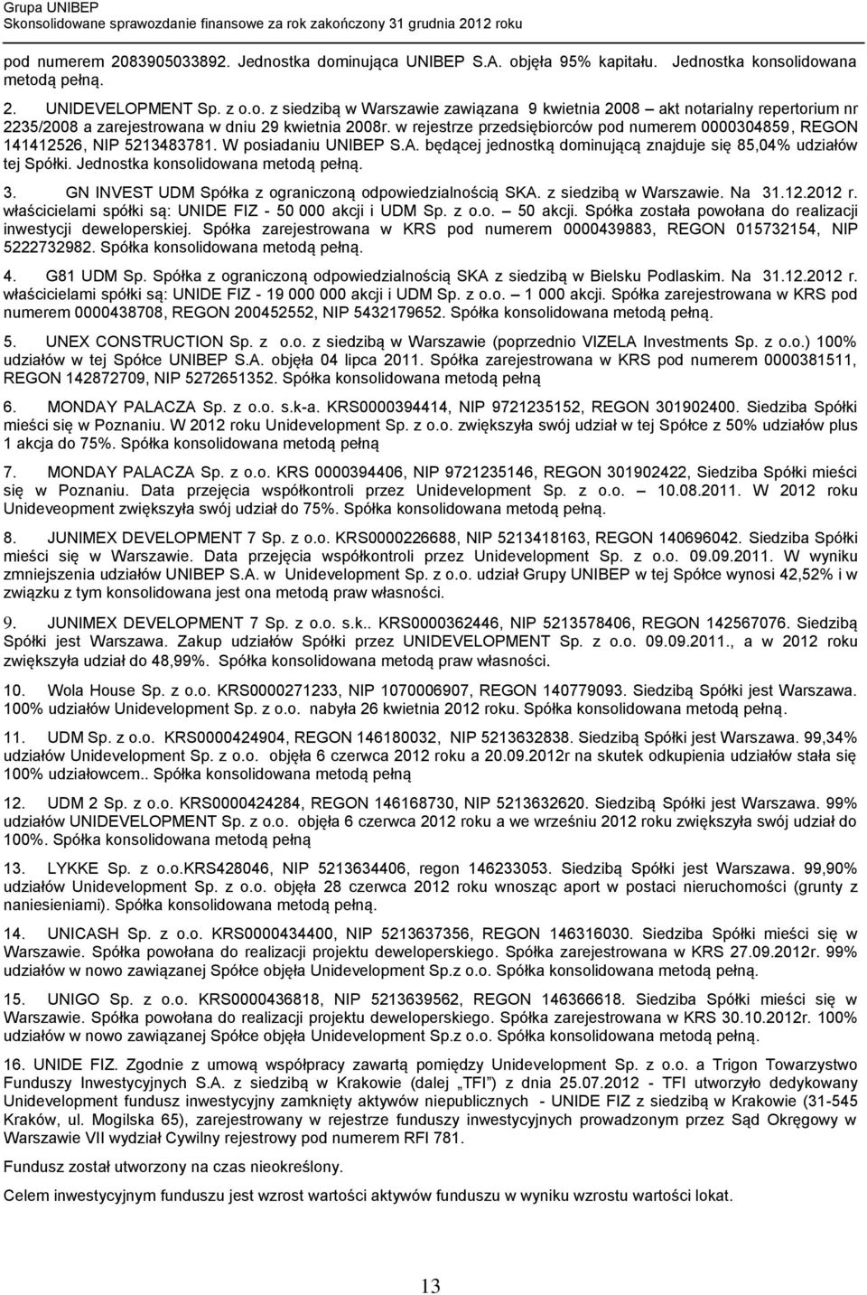 Jednostka konsolidowana metodą pełną. 3. GN INVEST UDM Spółka z ograniczoną odpowiedzialnością SKA. z siedzibą w Warszawie. Na 31.12.2012 r. właścicielami spółki są: UNIDE FIZ - 50 000 akcji i UDM Sp.