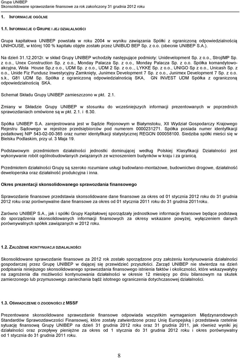 z o.o., Monday Palacza Sp. z o.o., Monday Palacza Sp. z o.o. Spółka komandytowoakcyjna, Wola House Sp.z o.o., UDM Sp. z o.o., UDM 2 Sp. z o.o.., LYKKE Sp. z o.o., UNIGO Sp z o.o., Unicash Sp. z o.o., Unide Fiz Fundusz Inwestycyjny Zamknięty, Junimex Development 7 Sp.