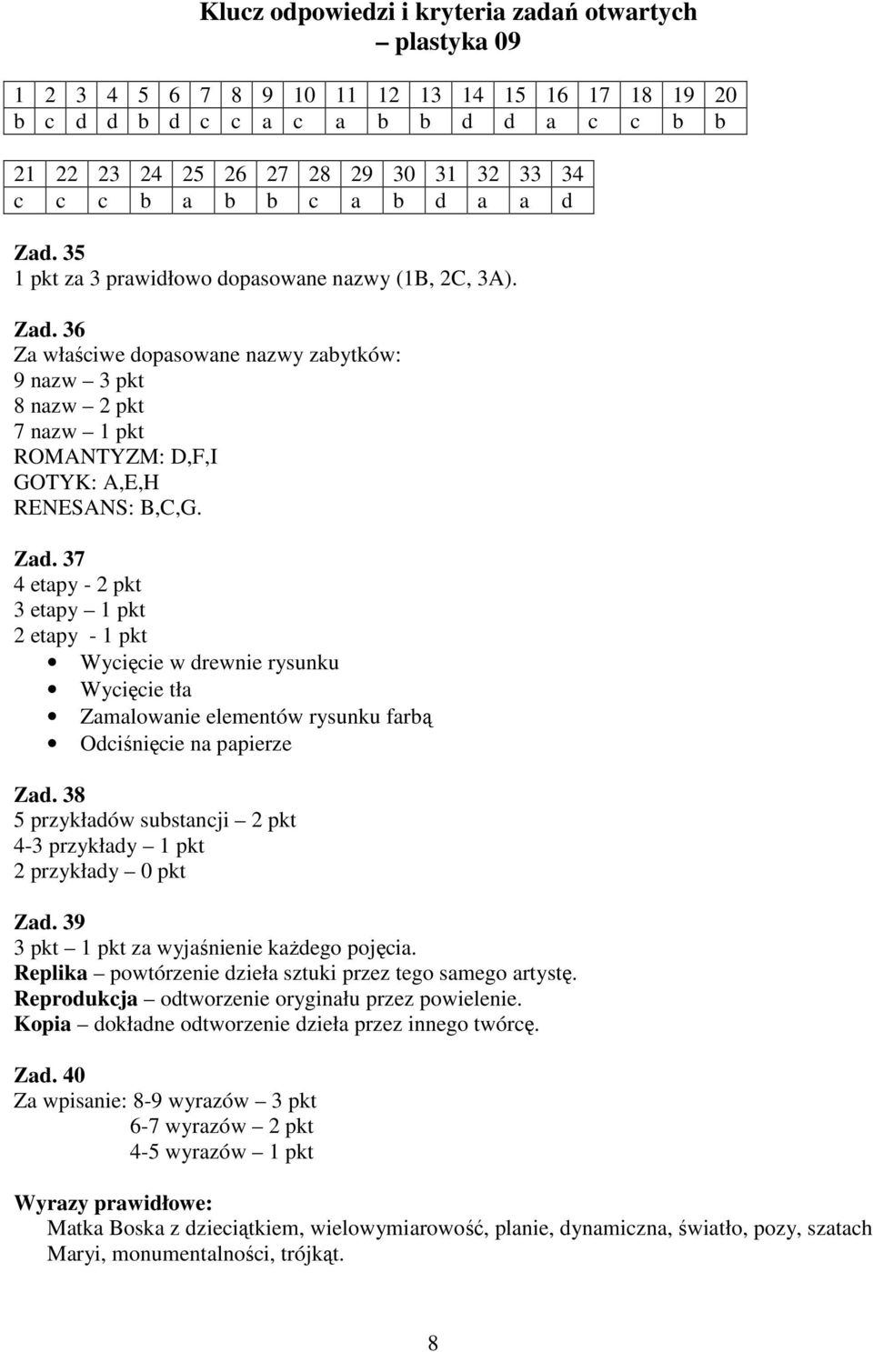 Zad. 37 4 etapy - 2 pkt 3 etapy 1 pkt 2 etapy - 1 pkt Wycięcie w drewnie rysunku Wycięcie tła Zamalowanie elementów rysunku farbą Odciśnięcie na papierze Zad.