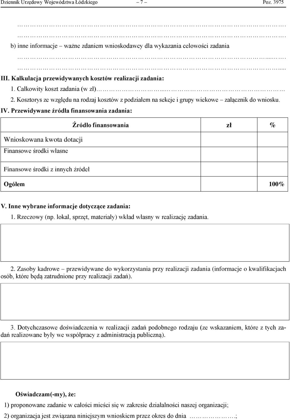 Przewidywane źródła finansowania zadania: Źródło finansowania zł % Wnioskowana kwota dotacji Finansowe środki własne Finansowe środki z innych źródeł Ogółem 100% V.