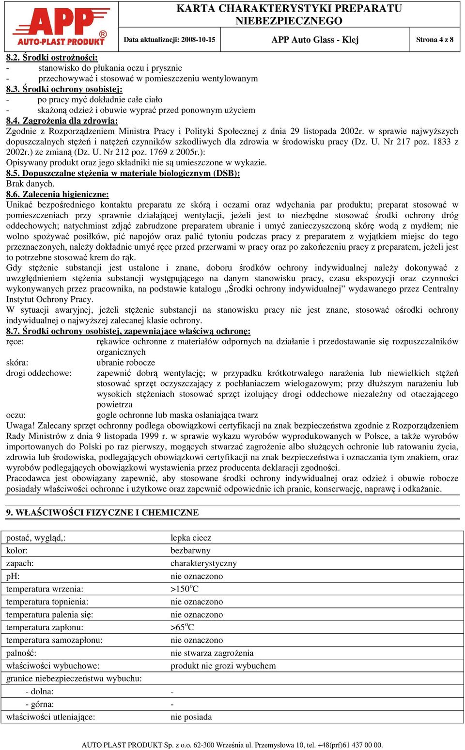 ZagroŜenia dla zdrowia: Zgodnie z Rozporządzeniem Ministra Pracy i Polityki Społecznej z dnia 29 listopada 2002r.