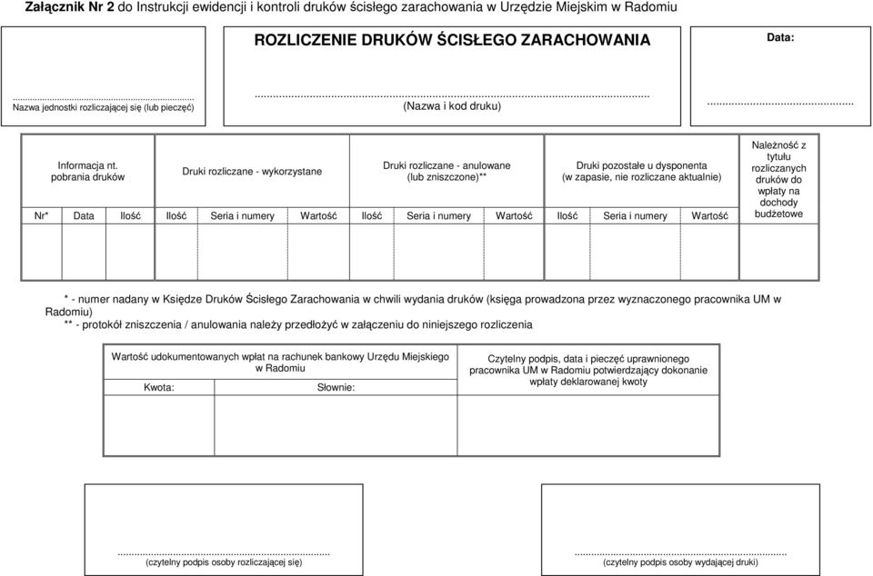 pobrania druków Druki rozliczane - wykorzystane Druki rozliczane - anulowane (lub zniszczone)** Druki pozostałe u dysponenta (w zapasie, nie rozliczane aktualnie) Nr* Data Ilość Ilość Seria i numery