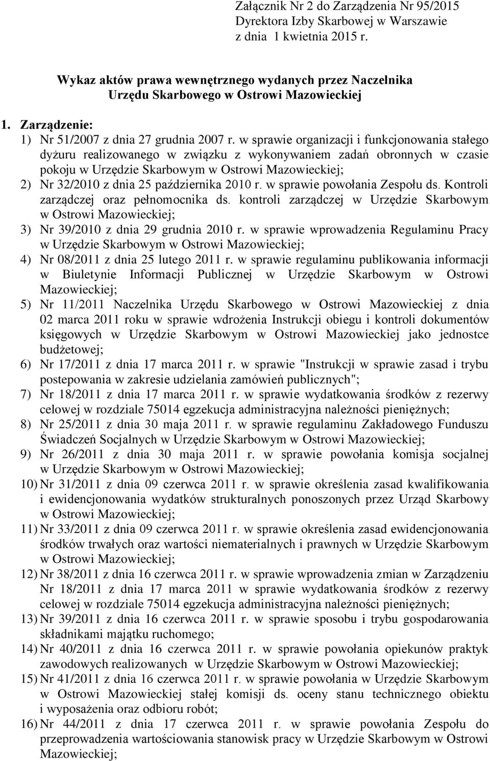 w sprawie organizacji i funkcjonowania stałego dyżuru realizowanego w związku z wykonywaniem zadań obronnych w czasie pokoju w Urzędzie Skarbowym 2) Nr 32/2010 z dnia 25 października 2010 r.