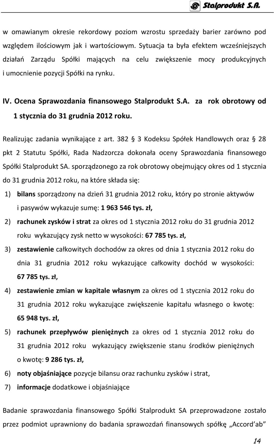 za rok obrotowy od 1 stycznia do 31 grudnia 2012 roku. Realizując zadania wynikające z art.
