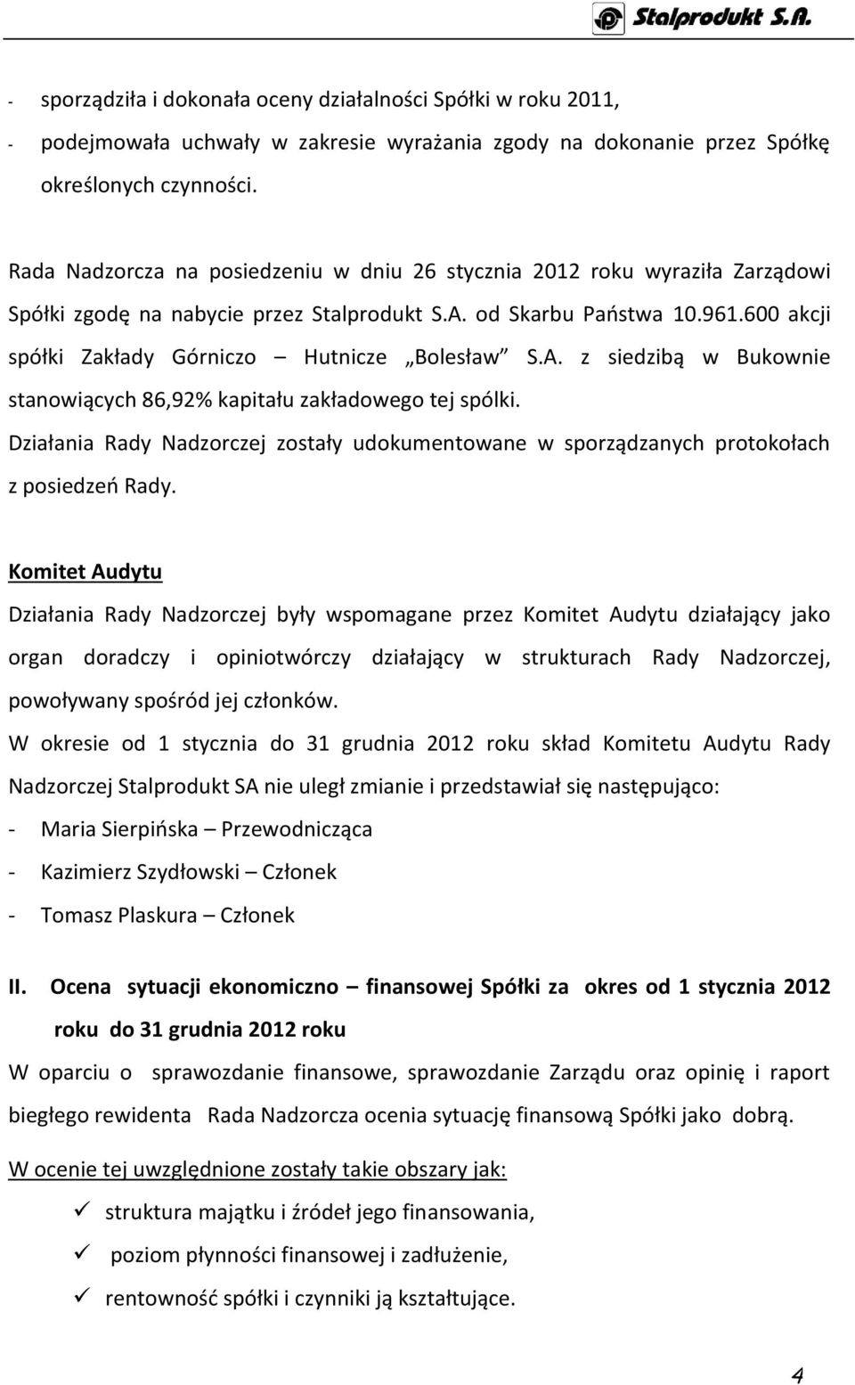 600 akcji spółki Zakłady Górniczo Hutnicze Bolesław S.A. z siedzibą w Bukownie stanowiących 86,92% kapitału zakładowego tej spólki.