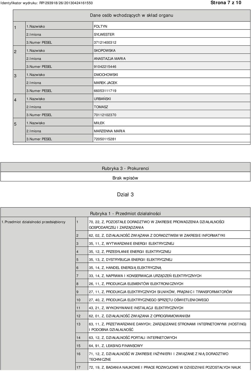 Numer PESEL 72050115281 Rubryka 3 - Prokurenci Dział 3 Rubryka 1 - Przedmiot działalności 1.