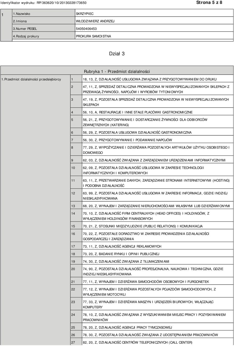 ŻYWNOŚCI, NAPOJÓW I WYROBÓW TYTONIOWYCH 3 47, 19, Z, POZOSTAŁA SPRZEDAŻ DETALICZNA PROWADZONA W WYSPECJALIZOWANYCH SKLEPACH 4 56, 10, A, RESTAURACJE I INNE STAŁE PLACÓWKI GASTRONOMICZNE 5 56, 21, Z,