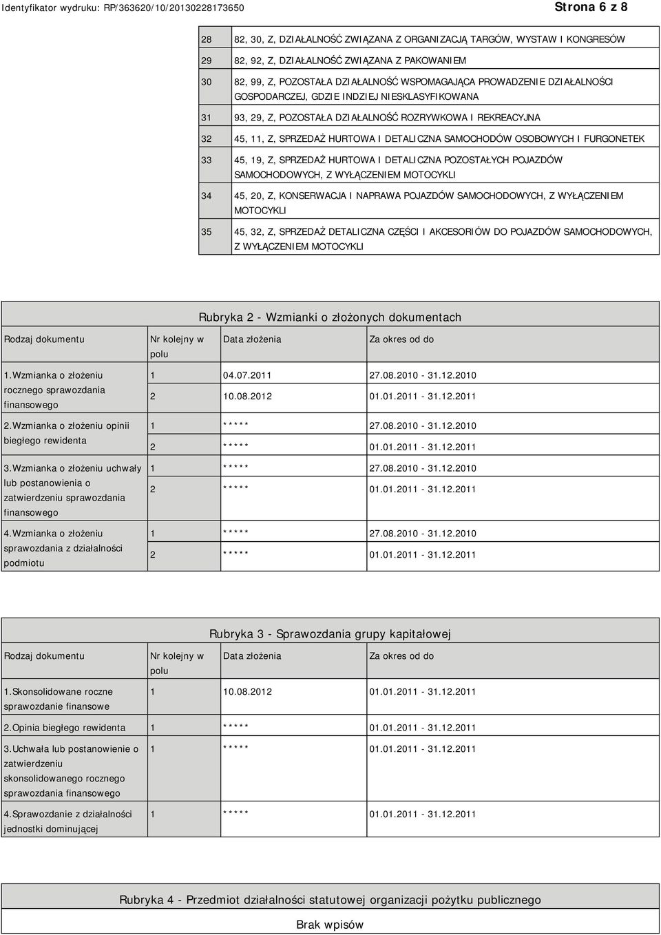 45, 19, Z, SPRZEDAŻ HURTOWA I DETALICZNA POZOSTAŁYCH POJAZDÓW SAMOCHODOWYCH, Z WYŁĄCZEM MOTOCYKLI 34 45, 20, Z, KONSERWACJA I NAPRAWA POJAZDÓW SAMOCHODOWYCH, Z WYŁĄCZEM MOTOCYKLI 35 45, 32, Z,