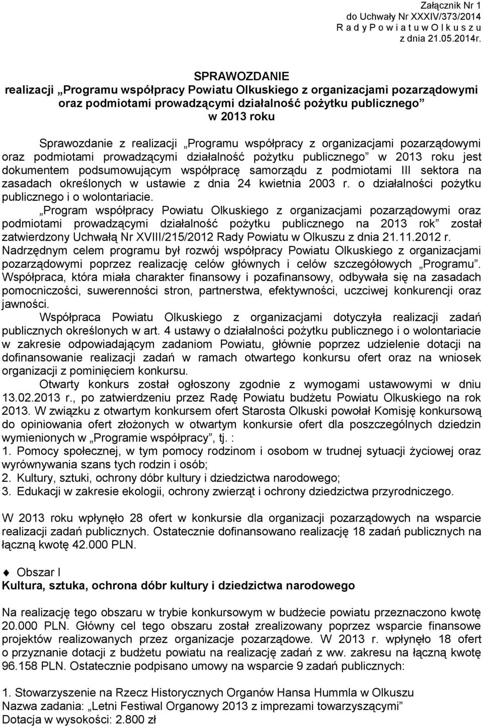 Programu współpracy z organizacjami pozarządowymi oraz podmiotami prowadzącymi działalność pożytku publicznego w 2013 roku jest dokumentem podsumowującym współpracę samorządu z podmiotami III sektora