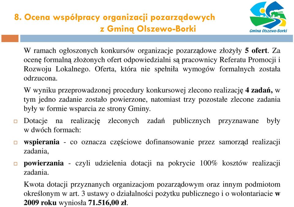 W wyniku przeprowadzonej procedury konkursowej zlecono realizację 4 zadań, w tym jedno zadanie zostało powierzone, natomiast trzy pozostałe zlecone zadania były w formie wsparcia ze strony Gminy.