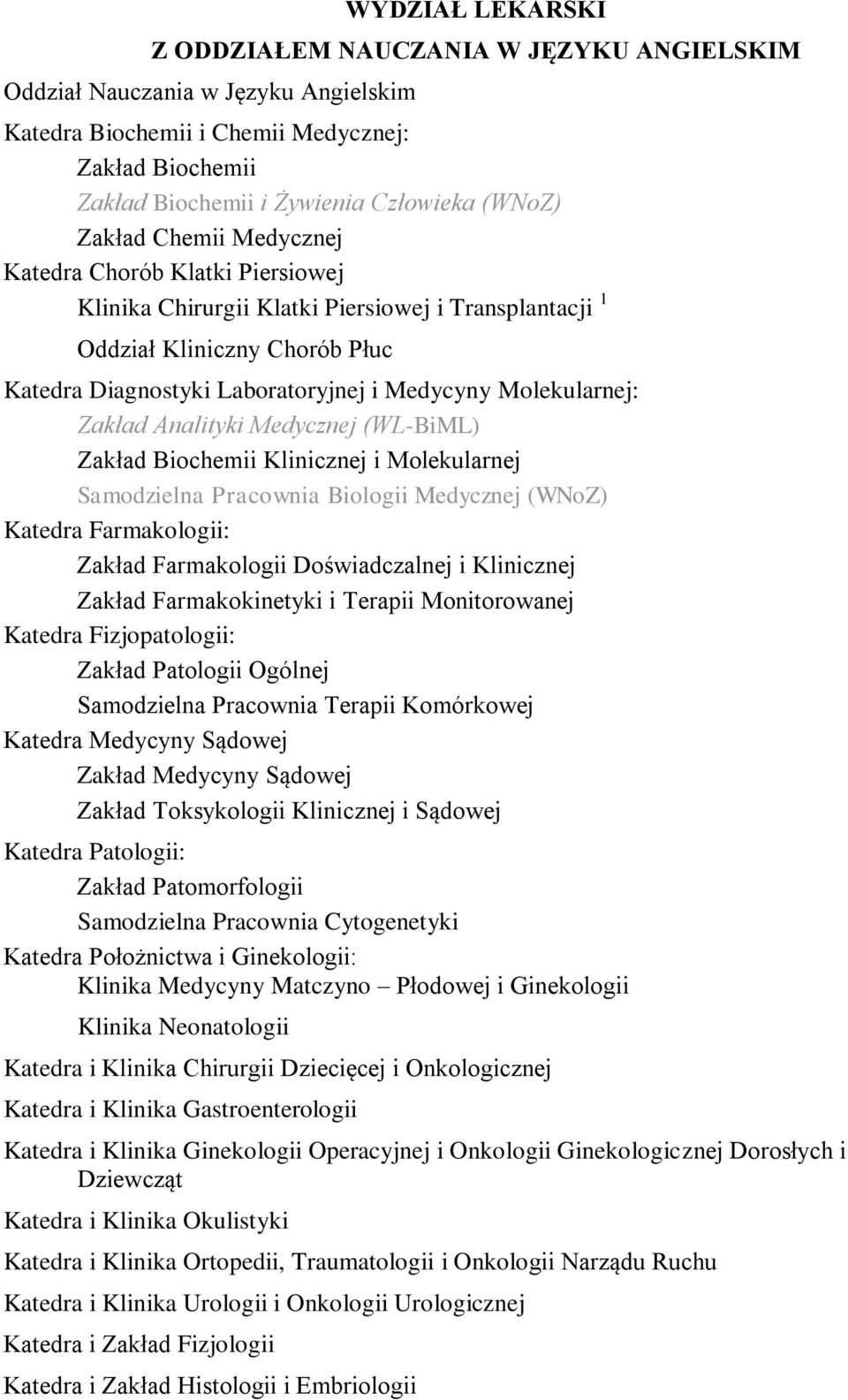 Molekularnej: Zakład Analityki Medycznej (WL-BiML) Zakład Biochemii Klinicznej i Molekularnej Samodzielna Pracownia Biologii Medycznej (WNoZ) Katedra Farmakologii: Zakład Farmakologii Doświadczalnej