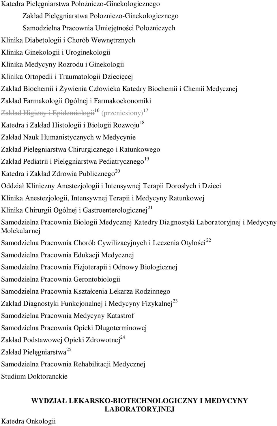 Farmakologii Ogólnej i Farmakoekonomiki Zakład Higieny i Epidemiologii 16 (przeniesiony) 17 Katedra i Zakład Histologii i Biologii Rozwoju 18 Zakład Nauk Humanistycznych w Medycynie Zakład