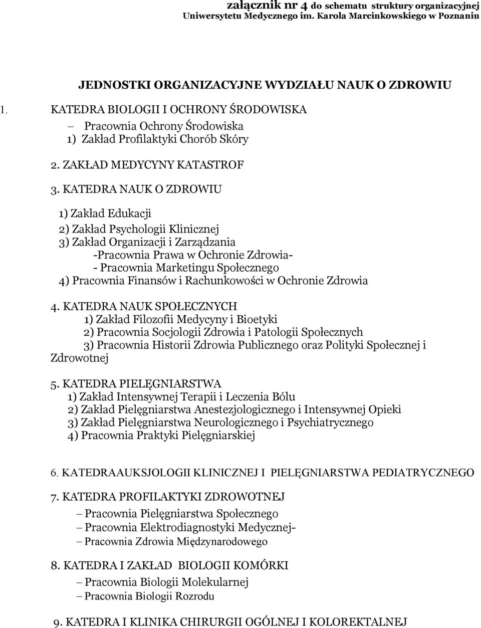KATEDRA NAUK O ZDROWIU 1) Zakład Edukacji 2) Zakład Psychologii Klinicznej 3) Zakład Organizacji i Zarządzania -Pracownia Prawa w Ochronie Zdrowia- - Pracownia Marketingu Społecznego 4) Pracownia