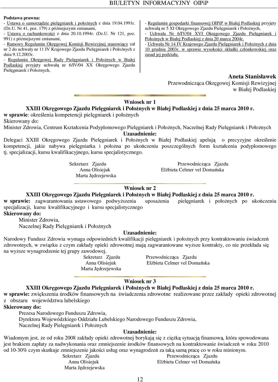 - Regulamin Okręgowej Rady Pielęgniarek i PołoŜnych w Białej Podlaskiej przyjęty uchwałą nr 6/IV/04 XX Okręgowego Zjazdu Pielęgniarek i PołoŜnych, - Regulamin gospodarki finansowej OIPiP w Białej