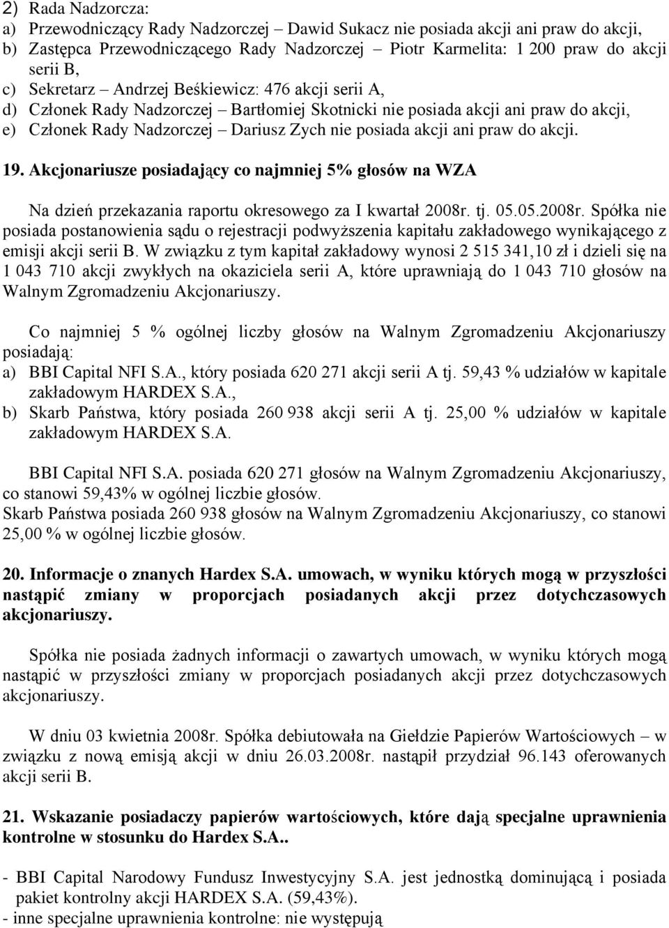 praw do akcji. 19. Akcjonariusze posiadający co najmniej 5% głosów na WZA Na dzień przekazania raportu okresowego za I kwartał 2008r.