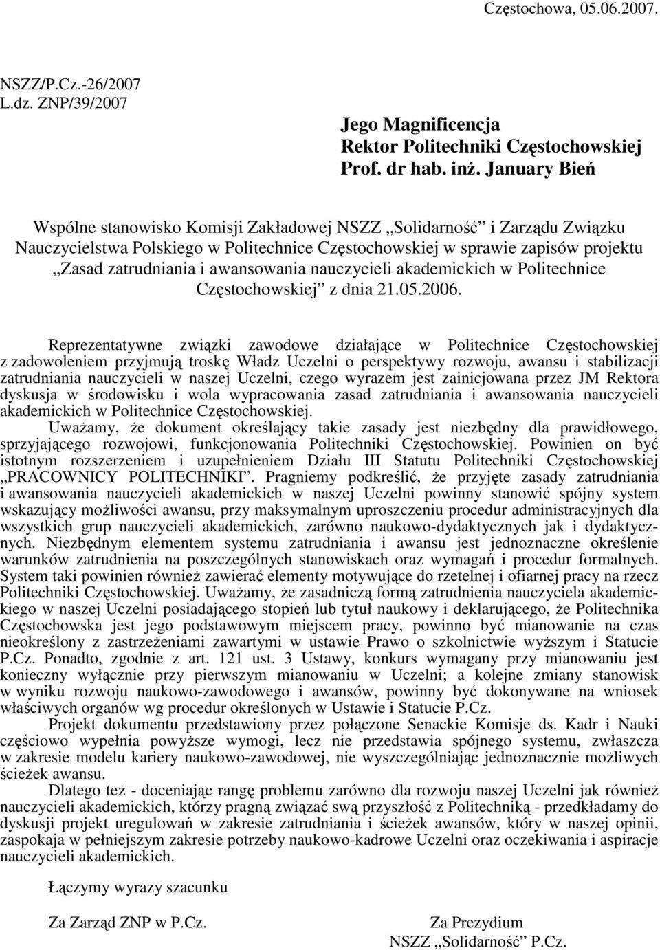 awansowania nauczycieli akademickich w Politechnice Częstochowskiej z dnia 21.05.2006.