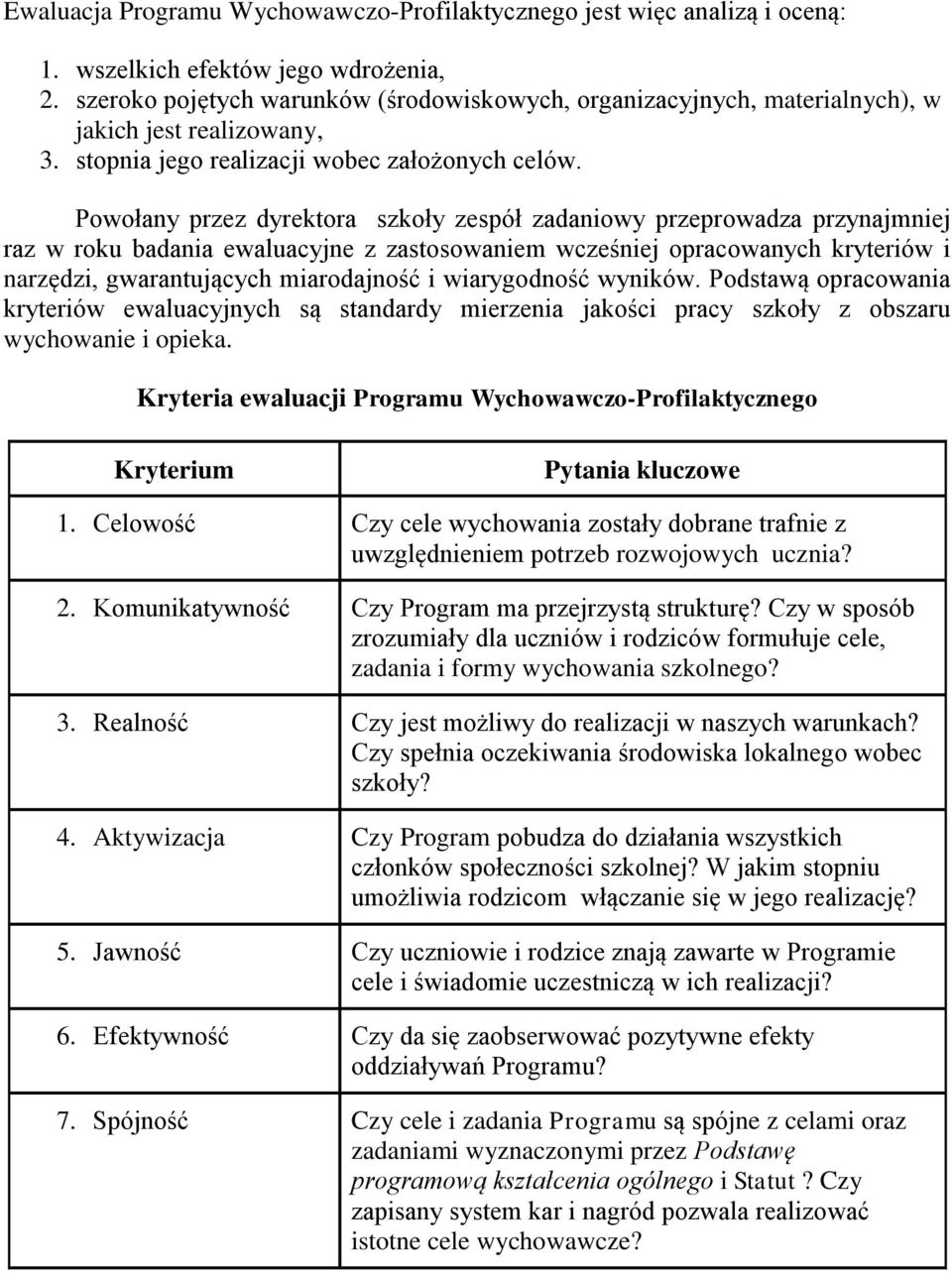 Powołany przez dyrektora szkoły zespół zadaniowy przeprowadza przynajmniej raz w roku badania ewaluacyjne z zastosowaniem wcześniej opracowanych kryteriów i narzędzi, gwarantujących miarodajność i