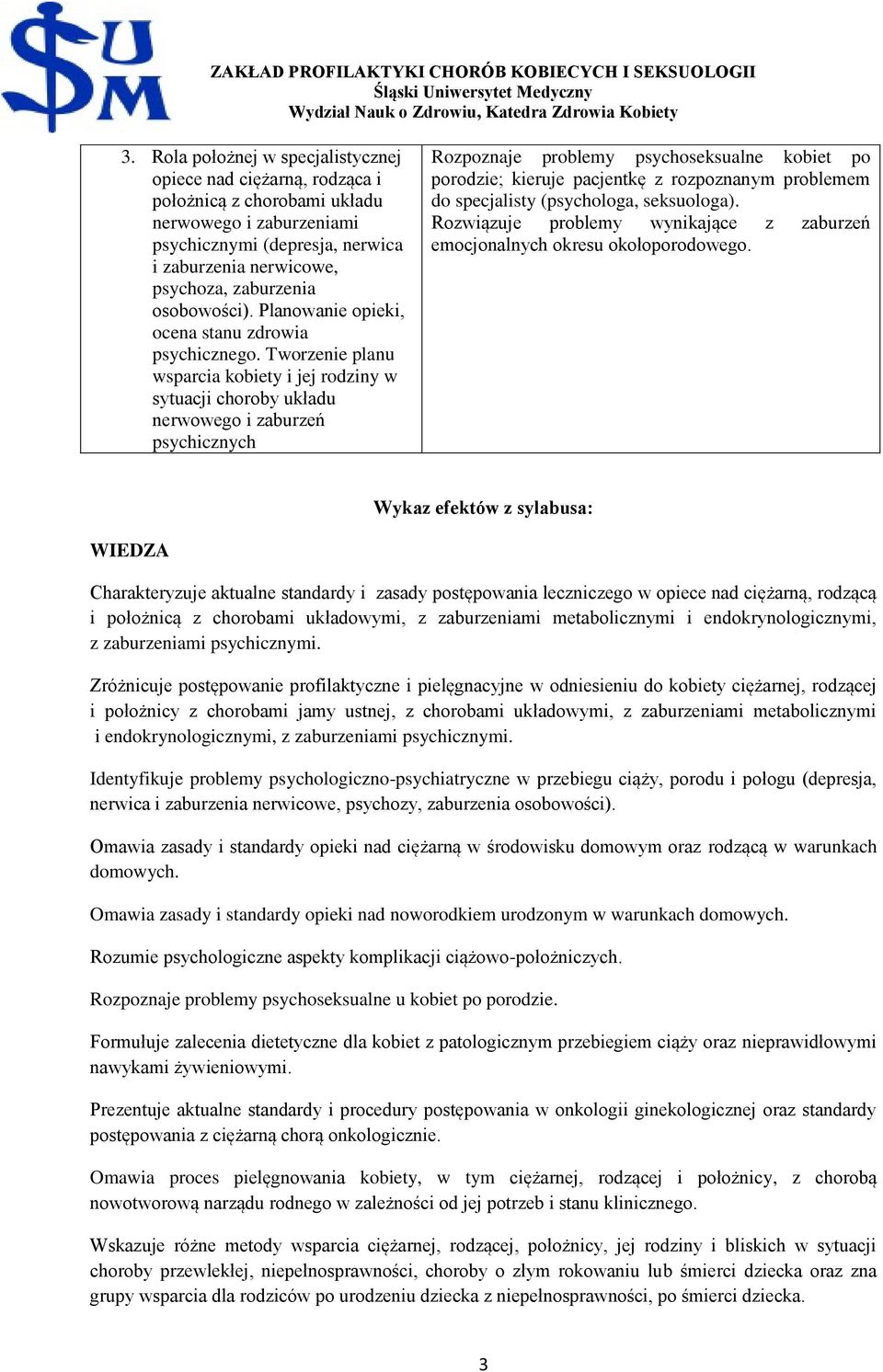 Tworzenie planu wsparcia kobiety i jej rodziny w sytuacji choroby układu nerwowego i zaburzeń psychicznych Rozpoznaje problemy psychoseksualne kobiet po porodzie; kieruje pacjentkę z rozpoznanym