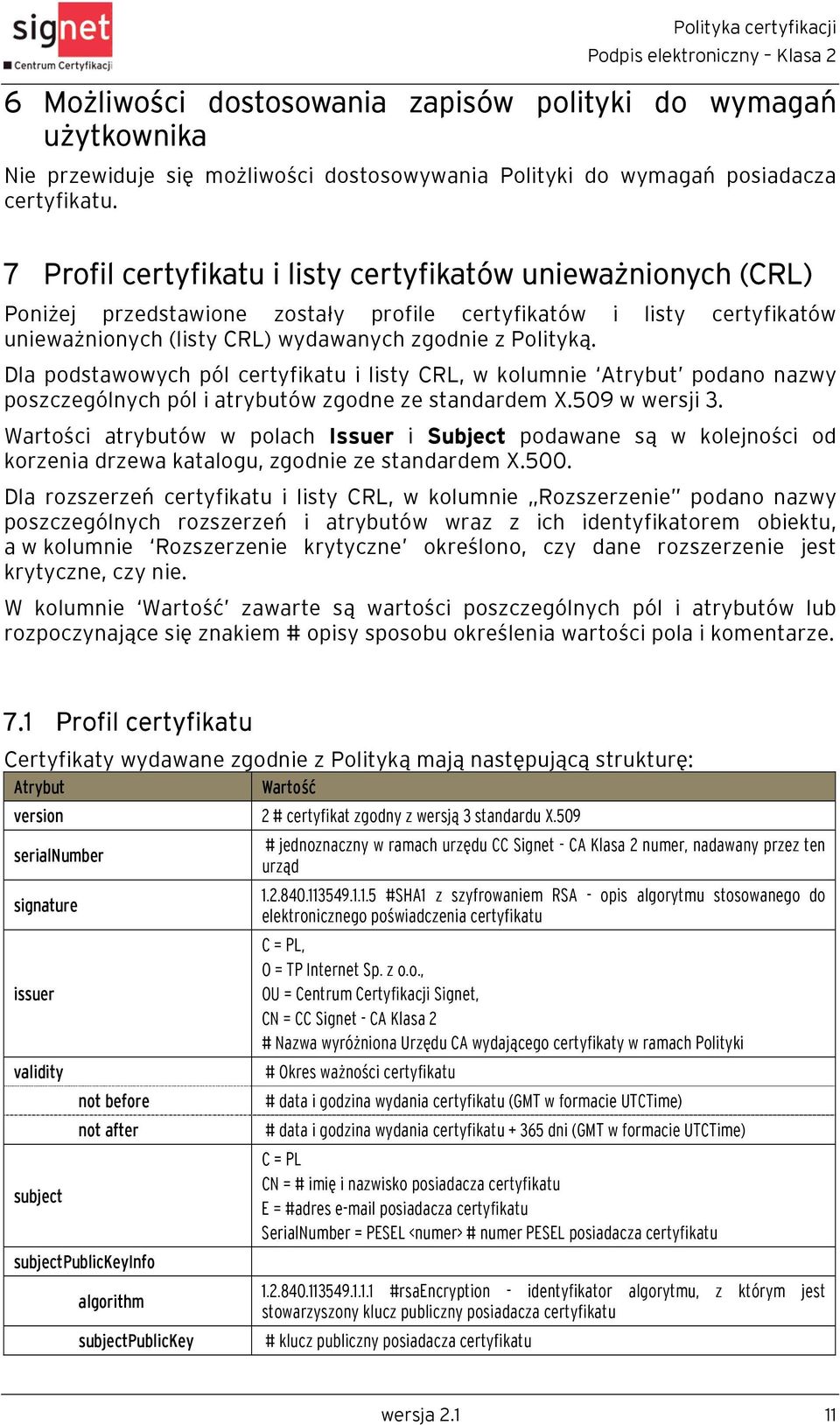 Dla podstawowych pól certyfikatu i listy CRL, w kolumnie Atrybut podano nazwy poszczególnych pól i atrybutów zgodne ze standardem X.509 w wersji 3.