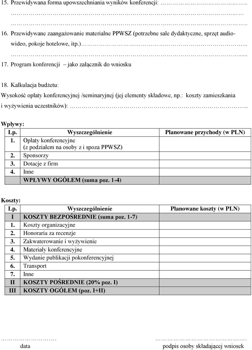 .. Wpływy: Lp. Wyszczególnienie Planowane przychody (w PLN) 1. Opłaty konferencyjne (z podziałem na osoby z i spoza PPWSZ) 2. Sponsorzy 3. Dotacje z firm 4. Inne WPŁYWY OGÓŁEM (suma poz.