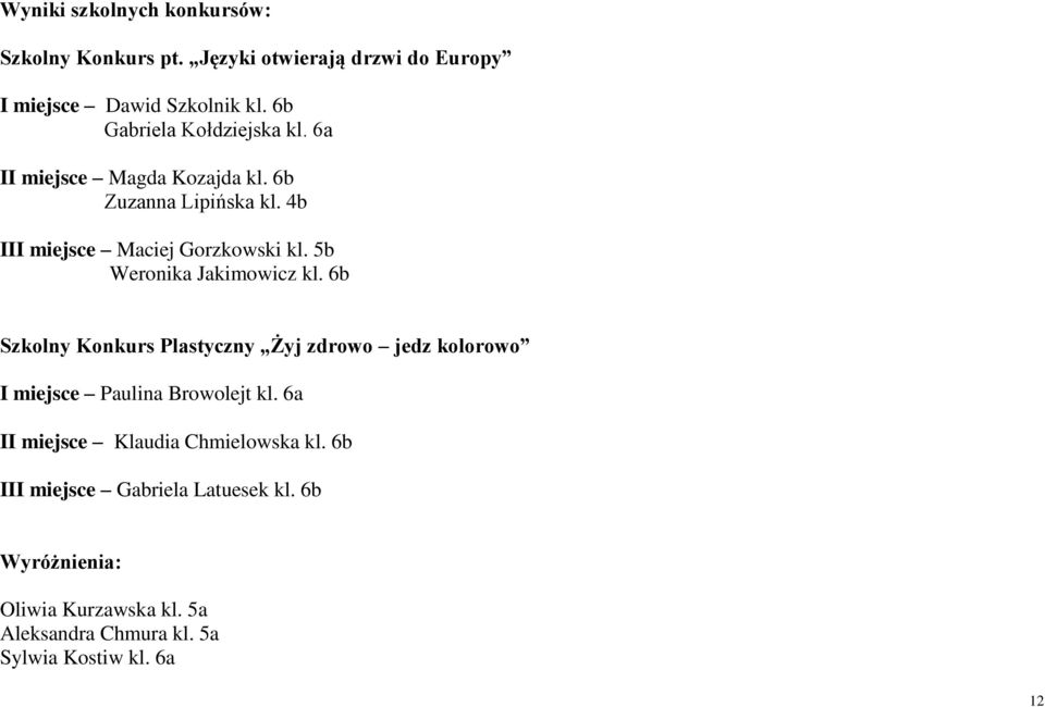 5b Weronika Jakimowicz kl. Szkolny Konkurs Plastyczny Żyj zdrowo jedz kolorowo I miejsce Paulina Browolejt kl.