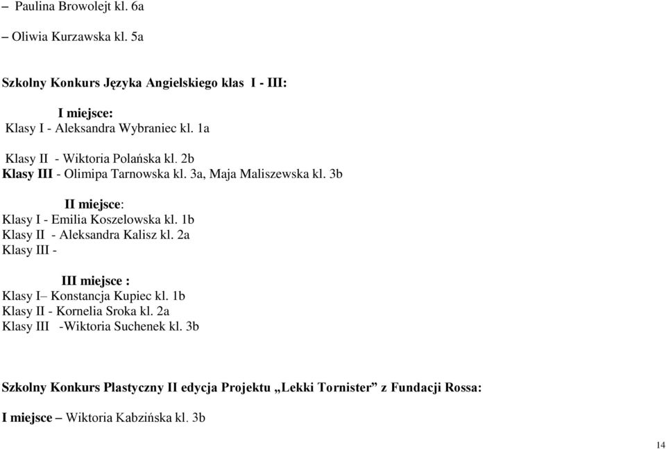 3b II miejsce: Klasy I - Emilia Koszelowska kl. 1b Klasy II - Aleksandra Kalisz kl. 2a Klasy III - III miejsce : Klasy I Konstancja Kupiec kl.