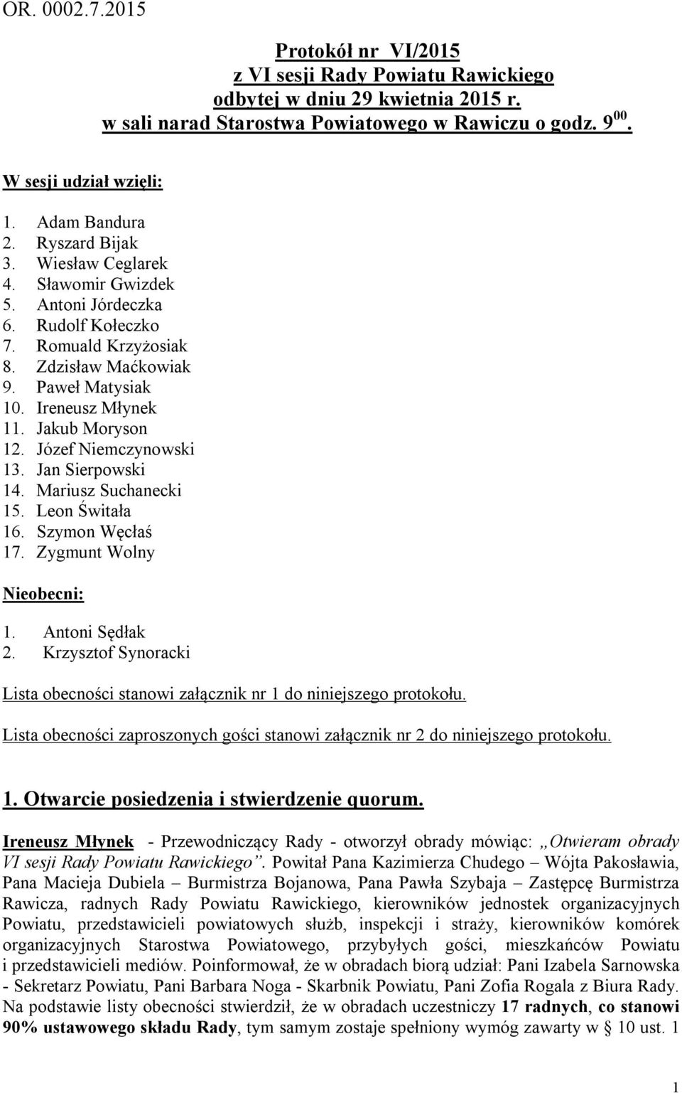 Jakub Moryson 12. Józef Niemczynowski 13. Jan Sierpowski 14. Mariusz Suchanecki 15. Leon Świtała 16. Szymon Węcłaś 17. Zygmunt Wolny Nieobecni: 1. Antoni Sędłak 2.