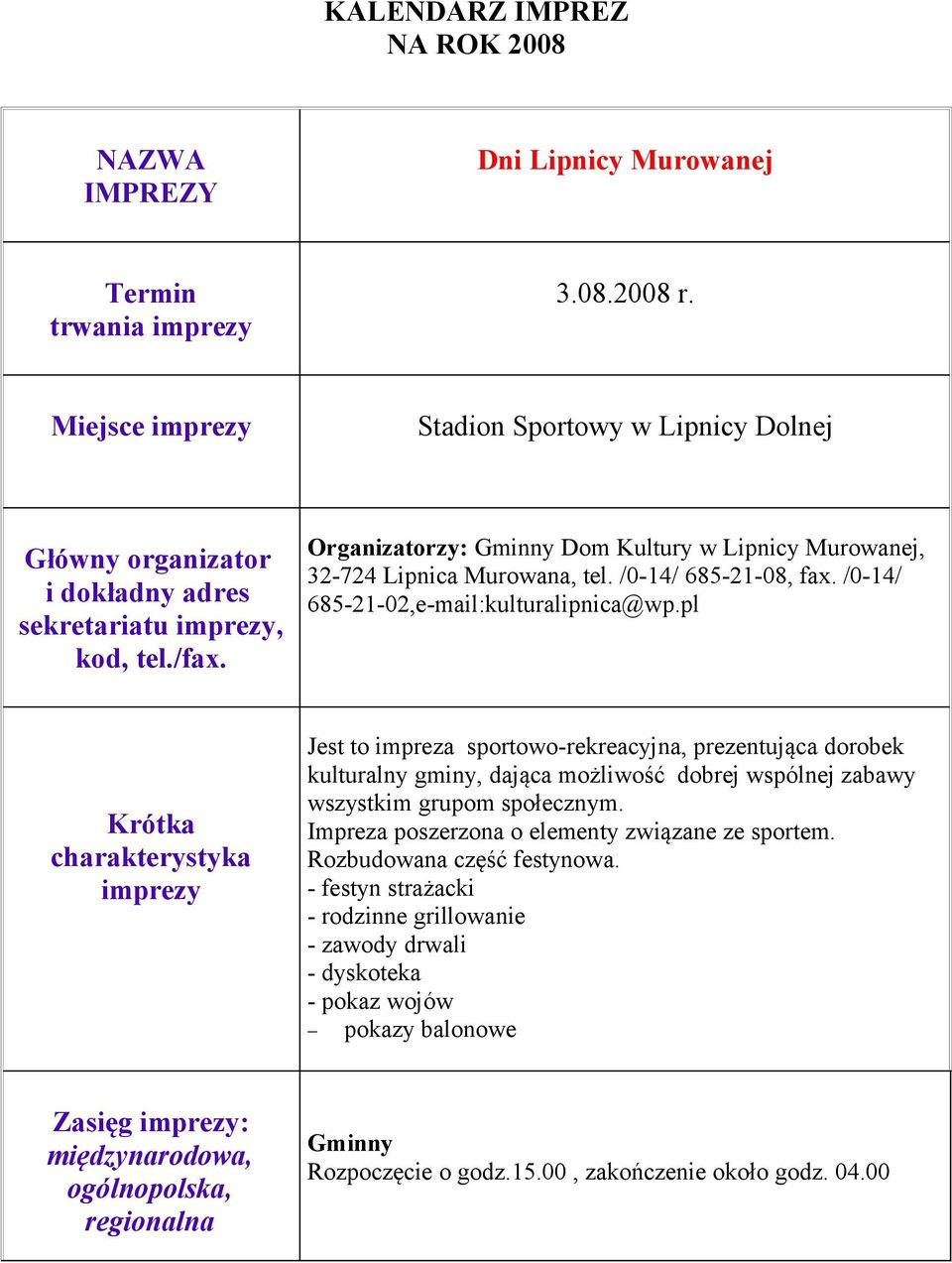 grupom społecznym. Impreza poszerzona o elementy związane ze sportem. Rozbudowana część festynowa.