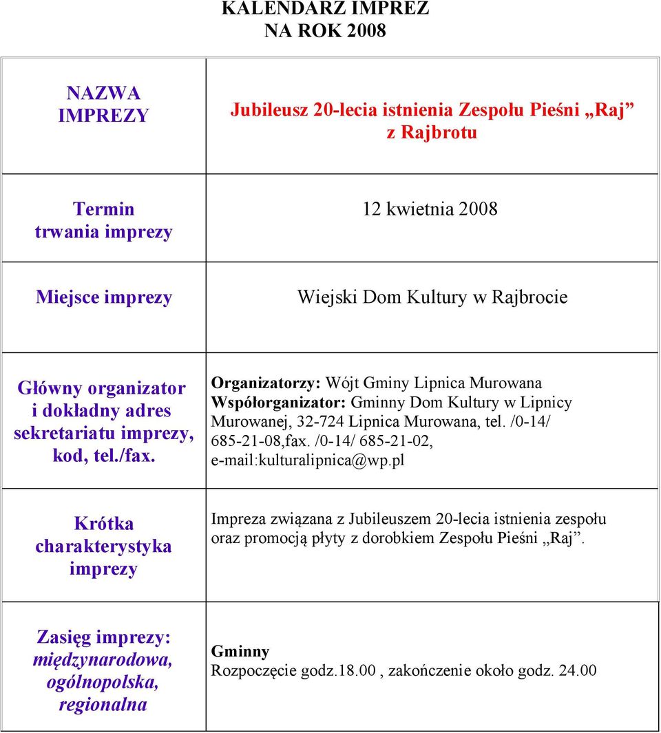 Lipnica Murowana, tel. /0-14/ 685-21-08,fax. /0-14/ 685-21-02, e-mail:kulturalipnica@wp.
