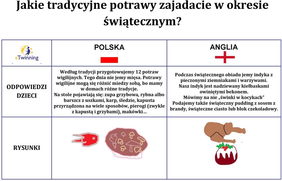 Na stole pojawiają się: zupa grzybowa, rybna albo barszcz z uszkami, karp, śledzie, kapusta przyrządzona na wiele sposobów, pierogi (zwykle z kapustą i grzybami),