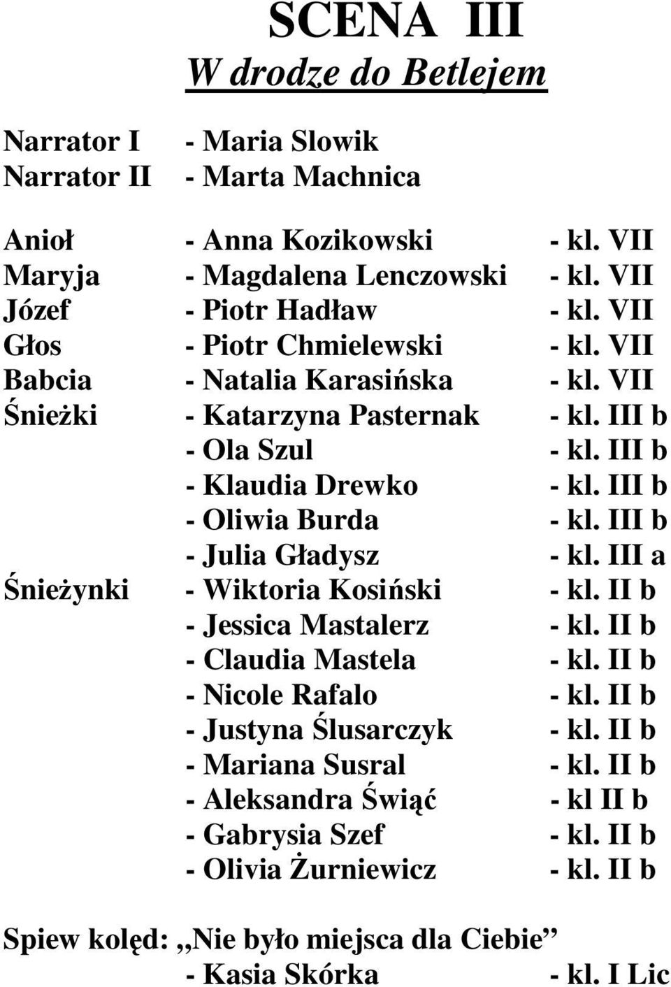 III b - Oliwia Burda - kl. III b - Julia Gładysz - kl. III a ŚnieŜynki - Wiktoria Kosiński - kl. II b - Jessica Mastalerz - kl. II b - Claudia Mastela - kl. II b - Nicole Rafalo - kl.