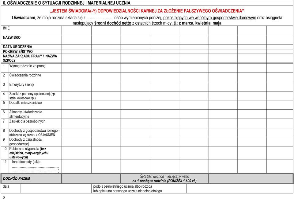 : z marca, kwietnia, maja NAZWISKO DATA URODZENIA POKREWIEŃSTWO NAZWA ZAKŁADU PRACY / NAZWA SZKOŁY 1 Wynagrodzenie za pracę 2 Świadczenia rodzinne 3 Emerytury / renty 4 Zasiłki z pomocy społecznej