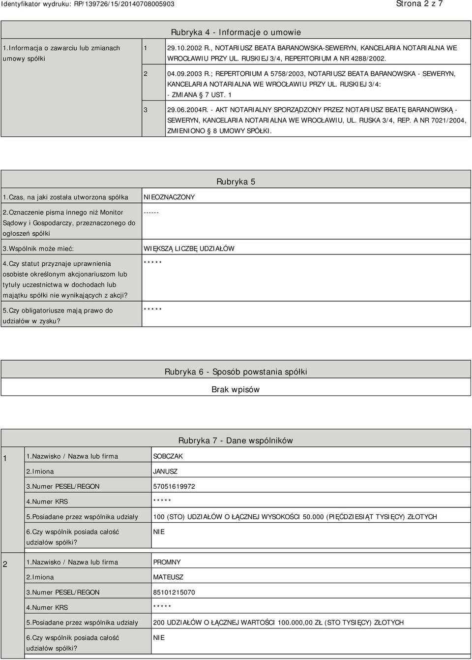 1 3 29.06.2004R. - AKT NOTARIALNY SPORZĄDZONY PRZEZ NOTARIUSZ BEATĘ BARANOWSKĄ - SEWERYN, KANCELARIA NOTARIALNA WE WROCŁAWIU, UL. RUSKA 3/4, REP. A NR 7021/2004, ZMIENIONO 8 UMOWY SPÓŁKI. Rubryka 5 1.