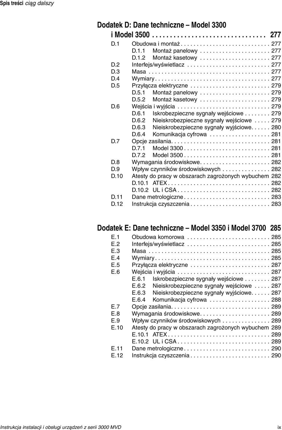 ........................ 279 D.5.1 Montaż panelowy...................... 279 D.5.2 Montaż kasetowy...................... 279 D.6 Wejścia i wyjścia............................. 279 D.6.1 Iskrobezpieczne sygnały wejściowe.