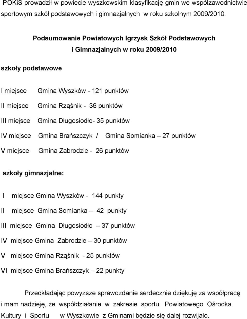 Długosiodło- 35 punktów IV miejsce Gmina Brańszczyk / Gmina Somianka 27 punktów V miejsce Gmina Zabrodzie - 26 punktów szkoły gimnazjalne: I II miejsce Gmina Wyszków - 144 punkty miejsce Gmina