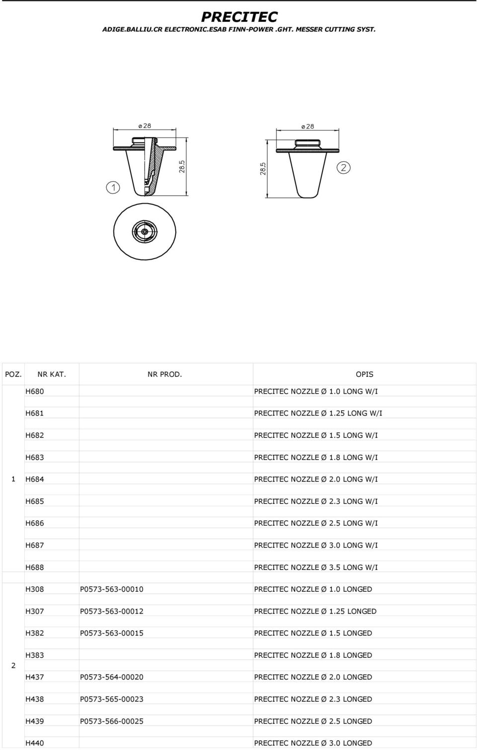 0 LONG W/I H688 PRECITEC NOZZLE Ø 3.5 LONG W/I H308 P0573-563-00010 PRECITEC NOZZLE Ø 1.0 LONGED H307 P0573-563-0001 PRECITEC NOZZLE Ø 1.5 LONGED H38 P0573-563-00015 PRECITEC NOZZLE Ø 1.