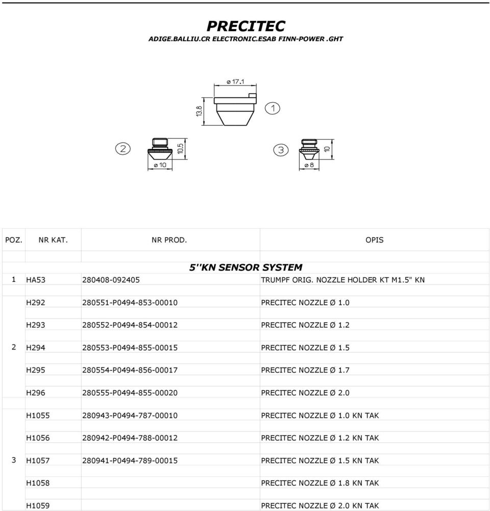 5 H95 80554-P0494-856-00017 PRECITEC NOZZLE Ø 1.7 H96 80555-P0494-855-0000 PRECITEC NOZZLE Ø.0 H1055 80943-P0494-787-00010 PRECITEC NOZZLE Ø 1.