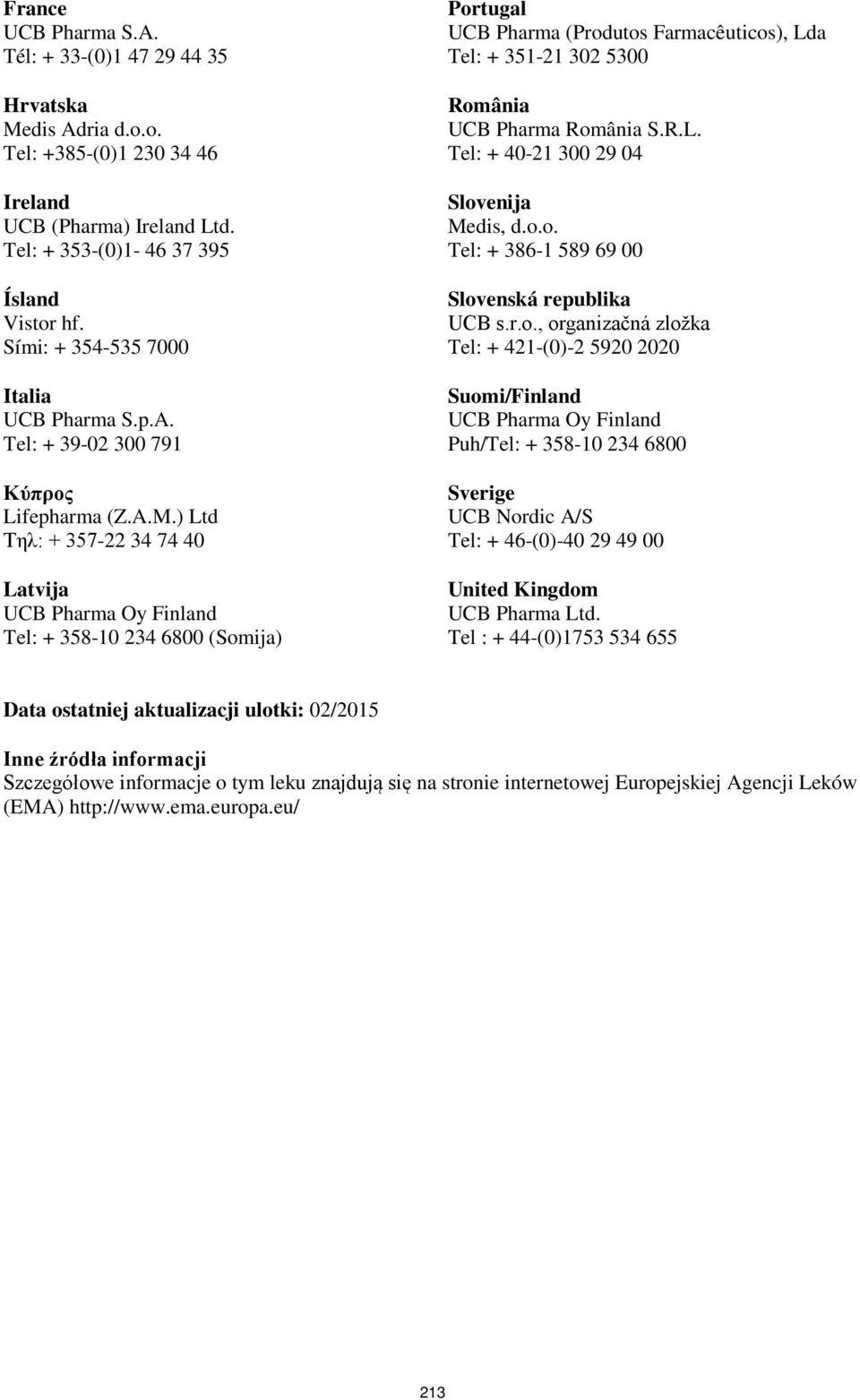 ) Ltd Τηλ: + 357-22 34 74 40 Latvija UCB Pharma Oy Finland Tel: + 358-10 234 6800 (Somija) Portugal UCB Pharma (Produtos Farmacêuticos), Lda Tel: + 351-21 302 5300 România UCB Pharma România S.R.L. Tel: + 40-21 300 29 04 Slovenija Medis, d.