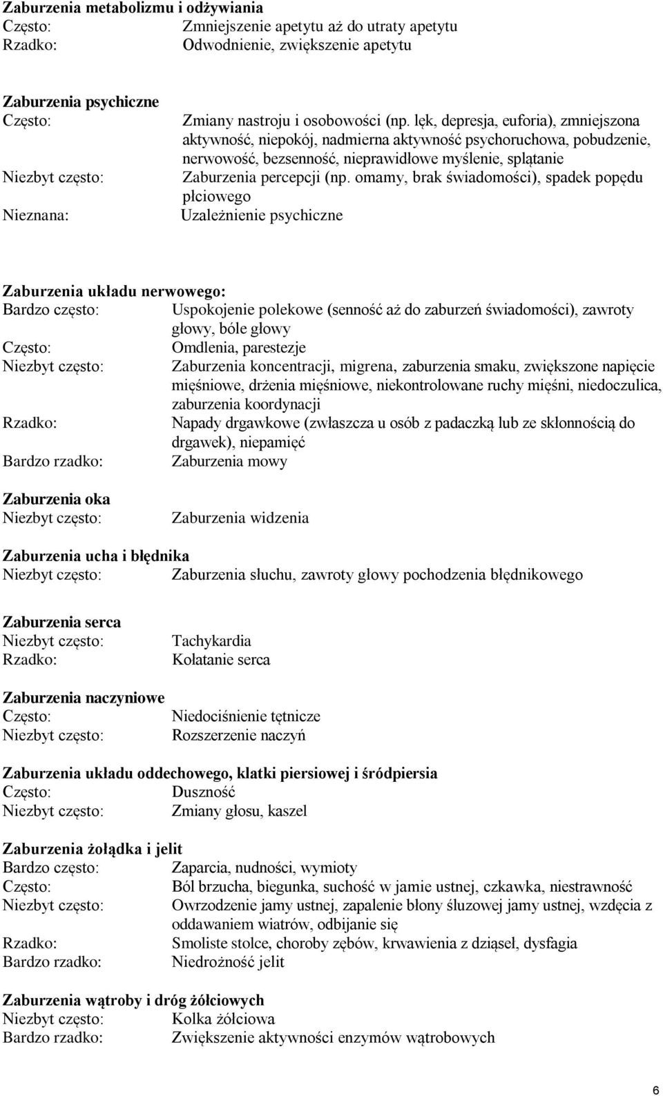 omamy, brak świadomości), spadek popędu płciowego Uzależnienie psychiczne Zaburzenia układu nerwowego: Bardzo często: Uspokojenie polekowe (senność aż do zaburzeń świadomości), zawroty głowy, bóle