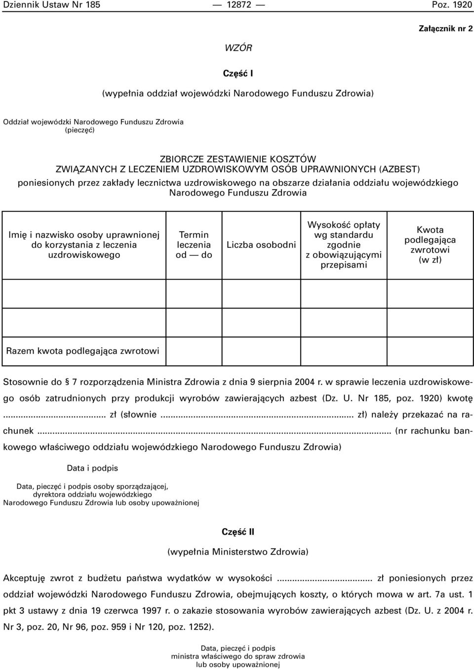 UZDROWISKOWYM OSÓB UPRAWNIONYCH (AZBEST) poniesionych przez zak ady lecznictwa uzdrowiskowego na obszarze dzia ania oddzia u wojewódzkiego Narodowego Funduszu Zdrowia Imi i nazwisko osoby uprawnionej