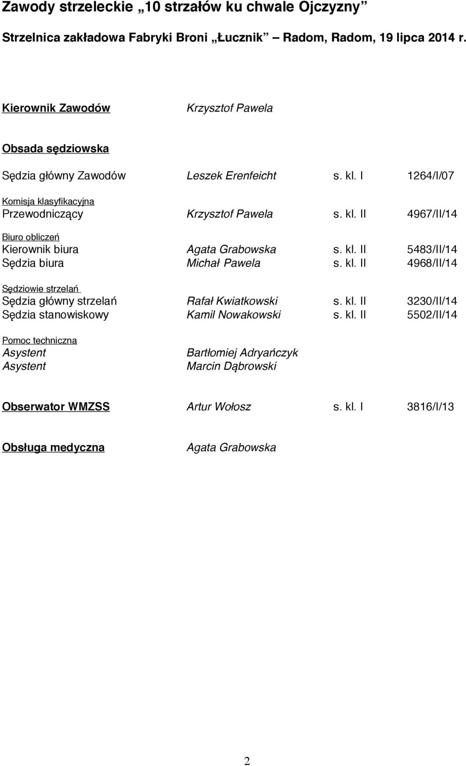 kl. II 5483/II/14 Sędzia biura Michał Pawela s. kl. II 4968/II/14 Sędziowie strzelań Sędzia główny strzelań Rafał Kwiatkowski s. kl. II 3230/II/14 Sędzia stanowiskowy Kamil Nowakowski s.