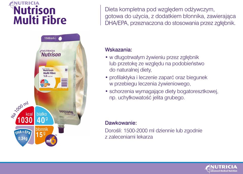 kcal 1030 40 Na 1000 ml 0,34g g g 15 Wskazania: w długotrwałym żywieniu przez zgłębnik lub przetokę ze względu na podobieństwo do