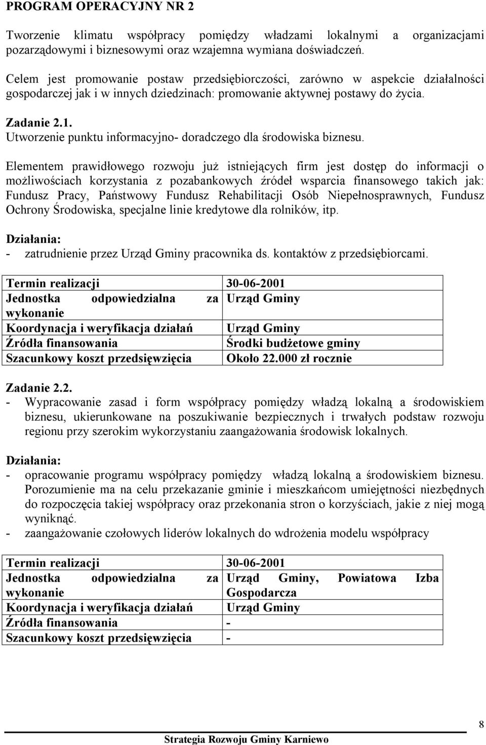 Utworzenie punktu informacyjno- doradczego dla środowiska biznesu.