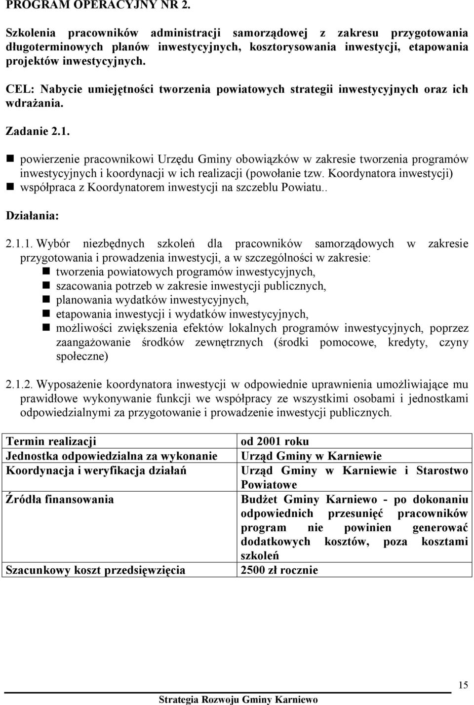 CEL: Nabycie umiejętności tworzenia powiatowych strategii inwestycyjnych oraz ich wdrażania. Zadanie 2.1.