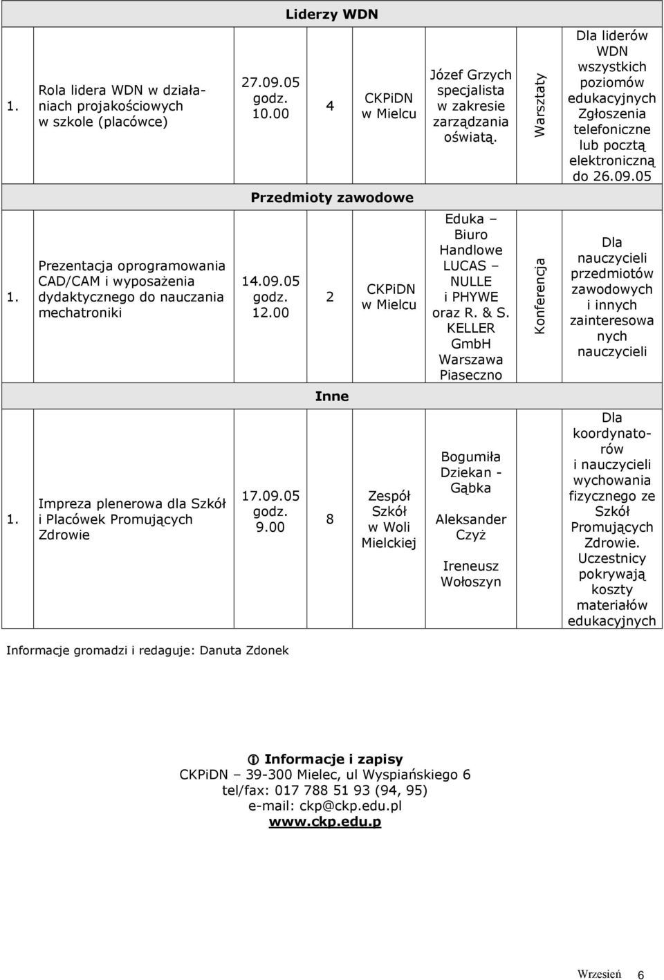 05 Przedmioty zawodowe Prezentacja oprogramowania CAD/CAM i wyposażenia dydaktycznego do nauczania mechatroniki 14.09.05 12.00 2 Eduka Biuro Handlowe LUCAS NULLE i PHYWE oraz R. & S.