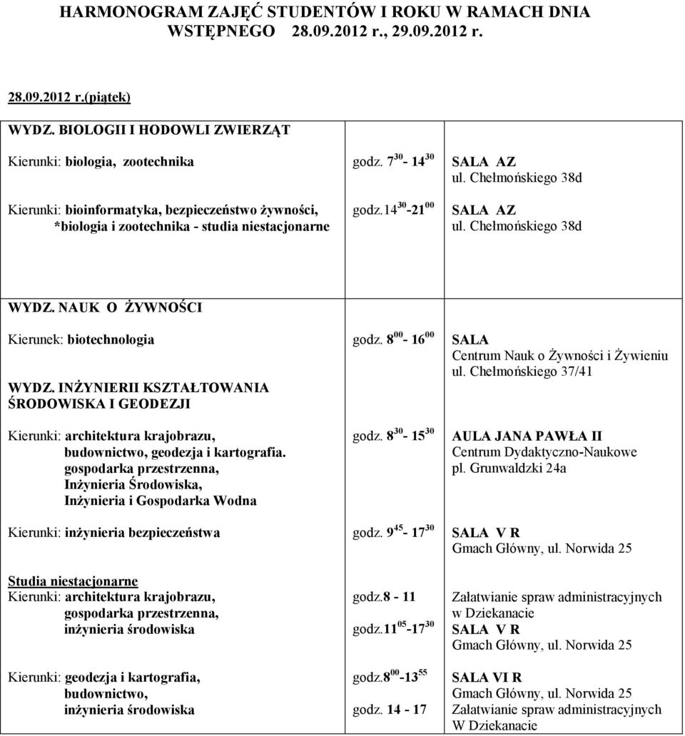 14 30-21 00 SALA AZ ul. Chełmońskiego 38d SALA AZ ul. Chełmońskiego 38d WYDZ. NAUK O ŻYWNOŚCI Kierunek: biotechnologia godz. 8 00-16 00 SALA Centrum Nauk o Żywności i Żywieniu ul.