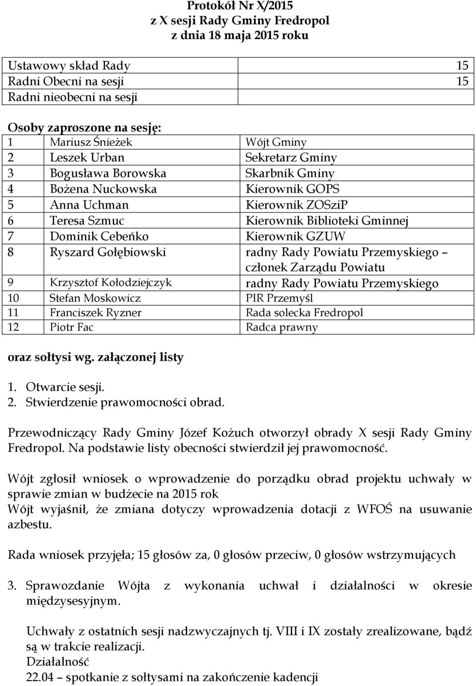 Kierownik GZUW 8 Ryszard Gołębiowski radny Rady Powiatu Przemyskiego członek Zarządu Powiatu 9 Krzysztof Kołodziejczyk radny Rady Powiatu Przemyskiego 10 Stefan Moskowicz PIR Przemyśl 11 Franciszek